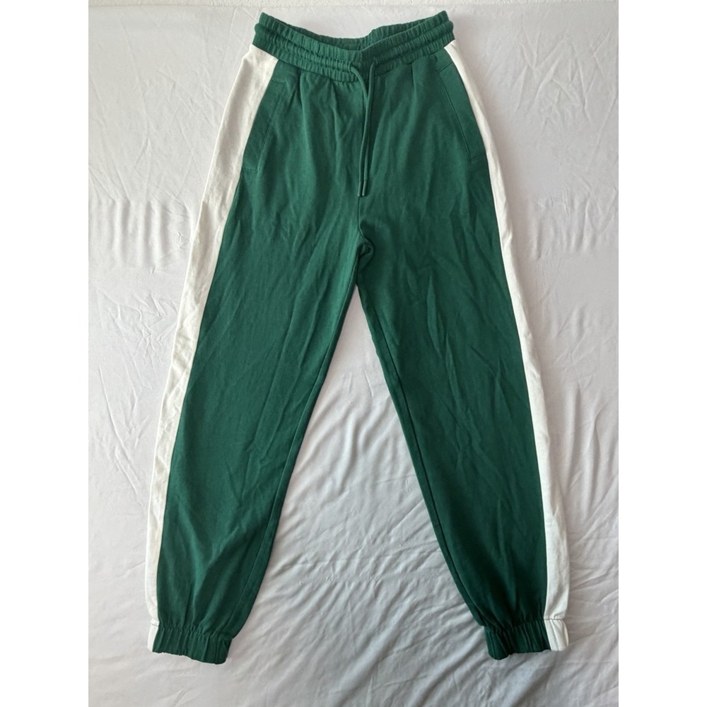 Zara Women's Green Jogger Sweatpants Size Small Colorblock White Side Stripe NWT